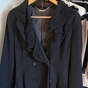 Elie Tahari Black Trench Coat with Pleated Ruffle Collar